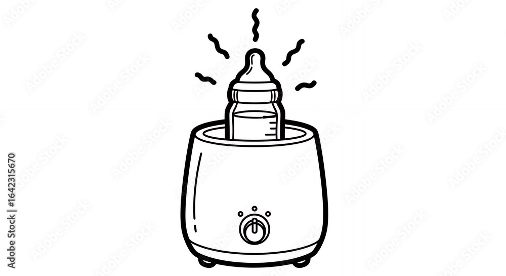 Obraz premium Black and White Line Art of a Baby Bottle Warmer with Steam Emission Illustration