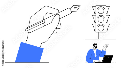 Hand grips fountain pen, representing creativity. Traffic light symbolizes decision-making. Person pointing at laptop conveys instruction. Ideal for business, education, guidance, workflow