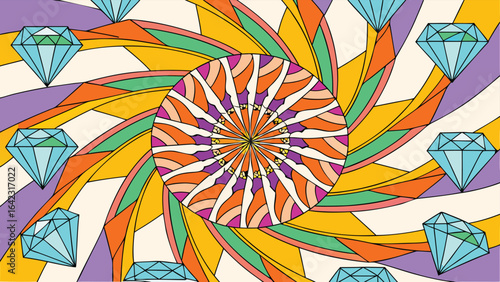 Colorful abstract pattern featuring gemstones and geometric design in a bright psychedelic style