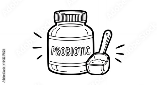 Black and White Line Art of Probiotic Supplement Bottle with Scoop on Plain White Background