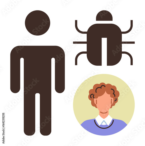 Stylized human figure beside bug icon and circular portrait emphasizing identity, online safety, cybersecurity. Ideal for technology, personal security, social concerns, diversity, software