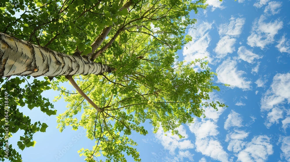 Fototapeta premium Towering Poplar Trees: Fast-Growing Species with Slender Trunks, Fluttering Leaves, and Iconic Silhouettes, Thriving in Forests, Riverbanks, and Urban Landscapes, Capturing Natural Elegance for Arbori
