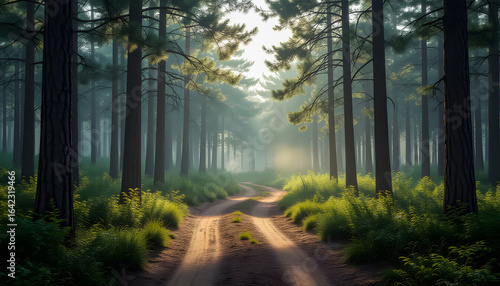 A serene forest scene with tall trees, dappled sunlight, and a dirt road leading into the distance