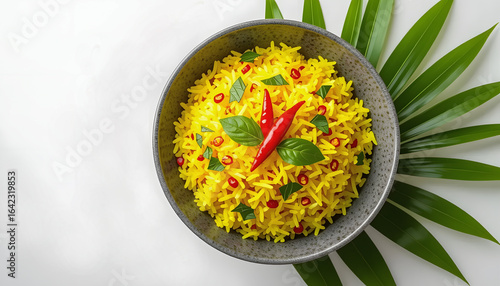 top down view of a flavorful yellow rice dish, beautifully presented with red chili peppers and green herbs, accented by lush green leaves