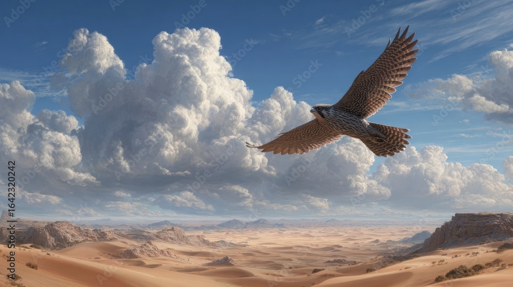 Naklejka premium Hawk soaring above desert landscape