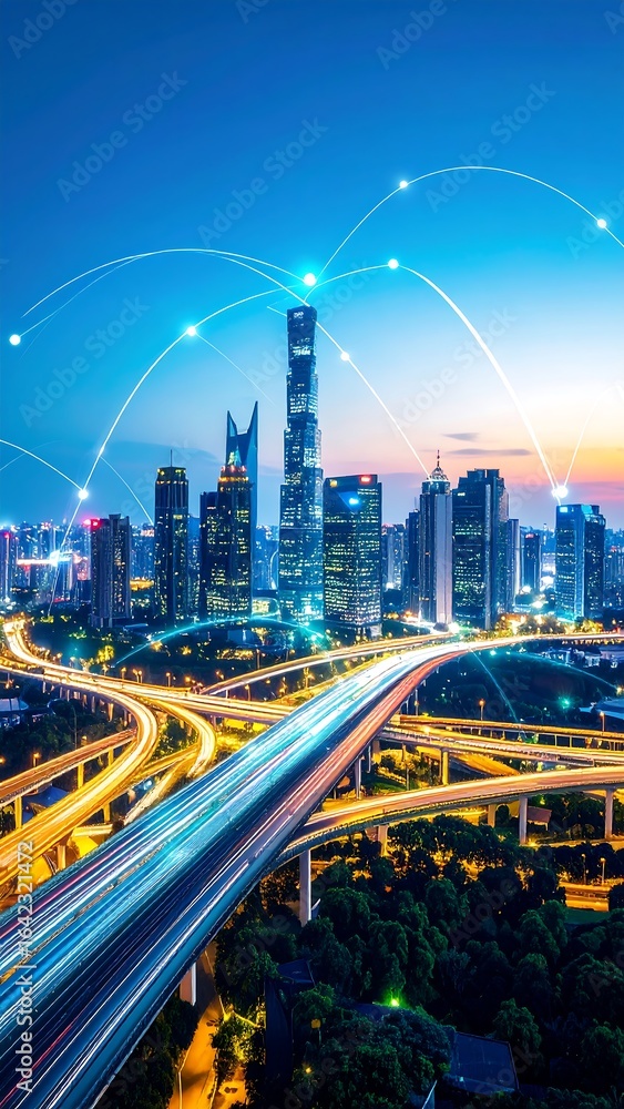 Naklejka premium Modern cityscape at night with connectivity