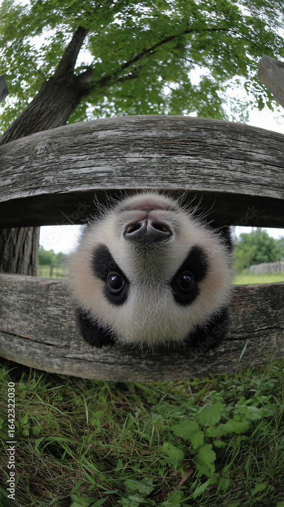 Obraz premium Cute Baby Panda Young Adorable Animal Playful Outdoors Resting Nature Fun Green Grass Wildlife Photography Closeup Fence Endangered Species Asian Rare Pacific Environment Zoology