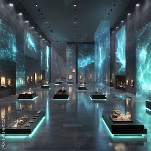 Immersive exhibition room with holographic panels high resolution picture