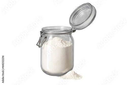 Open Glass Storage Jar with a Clip-Top Lid Filled with Flour