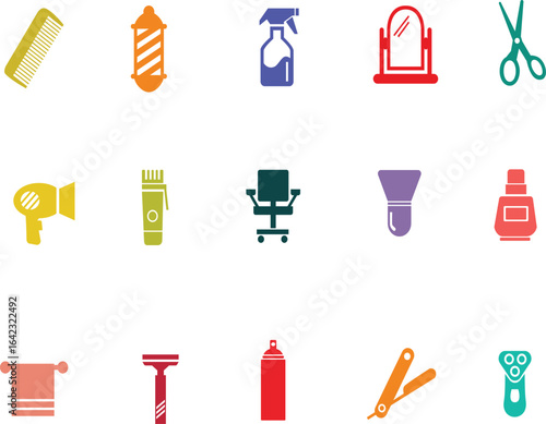 Set ikon barber shop dengan alat cukur, sisir, gunting, dan aksesori rambut. Cocok untuk desain branding salon, poster, dan ilustrasi vektor