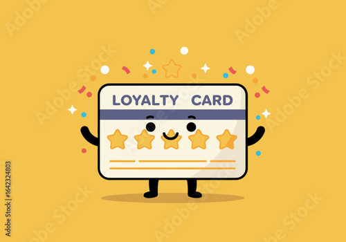 Loyalty card illustration concept: a rewards system and customer engagement initiative with a smiling face on yellow background