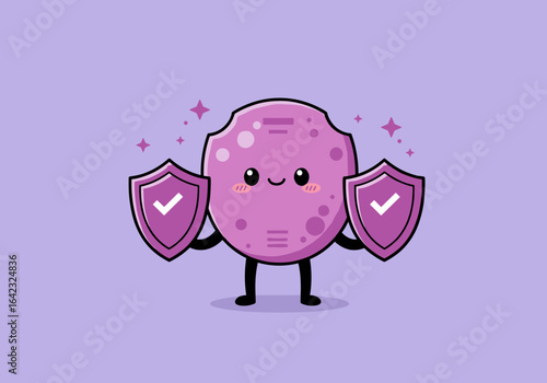 A cartoon character safeguards itself with shield, symbolising protection and safety. The illustration conveys themes of security, assurance and defense. 