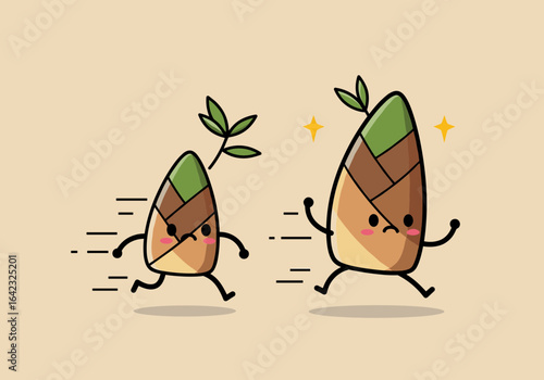 Adorable Bamboo Shoots Running and Racing, Illustrated with Playful and Dynamic Poses, Expressing a Sense of Energetic Fun and Competitiveness