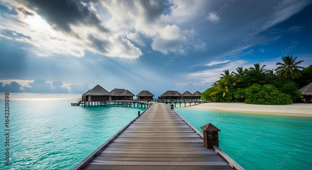 Wooden pier leading to overwater bungalows with a dramatic cloudy sky at sunset Wooden pier leading to overwater bungalows with a dramatic cloudy sky at sunset