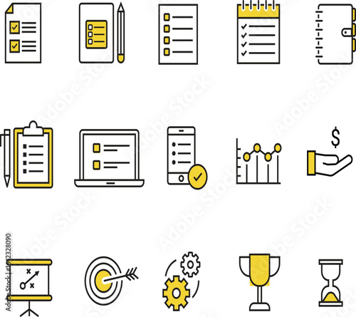 Business and planning icon set featuring checklist, notebook, charts, target, and trophy. Perfect for project management, goal tracking, corporate strategy, and success visualization