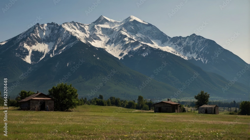 Naklejka premium Serene Mountain Landscape with Rustic Barns