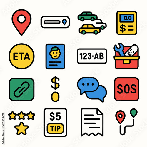 Taxi service icons portray transport service elements