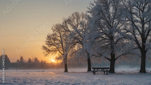 Serene winter sunrise over a snow-covered park