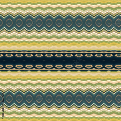 Symmetrical geometric pattern in yellow, green, and dark blue tones with repeating oval and wave motifs, ideal for textiles and wallpaper.
