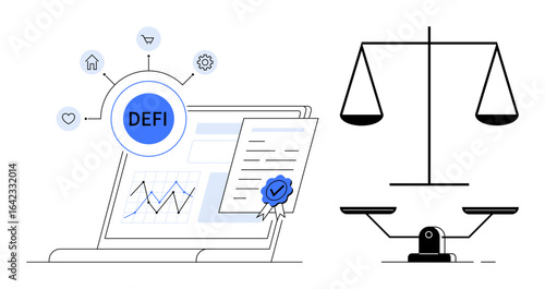 Digital certificate, graph on laptop, DEFI surrounded by icons, alongside a justice scale. Ideal for finance, blockchain, justice, regulation digital assets decentralization governance. Simple