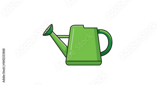 Green watering can illustration, a classic gardening tool for watering plants. Isolated vector icon design for horticulture and agriculture concepts.