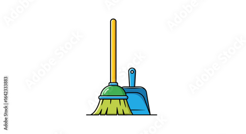 Colorful cartoon illustration of a broom and a dustpan. Household cleaning tools for sweeping and tidying up. Flat vector icon isolated on white.