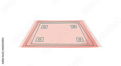 A charming pink area rug with a decorative green border and tassels. An elegant illustration for home interior design concepts.