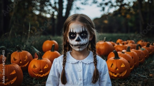 Spooky Girl with Halloween Pumpkins