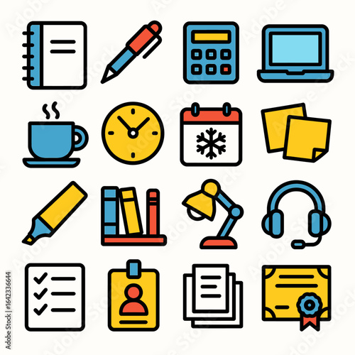 Office icons display various tools on clean background