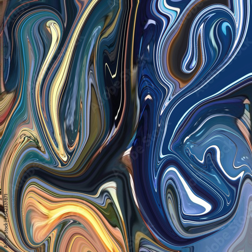 Energetic abstract swirls in deep blue, gold, and brown tones, blending organic movement with a modern artistic flair for bold visual impact.