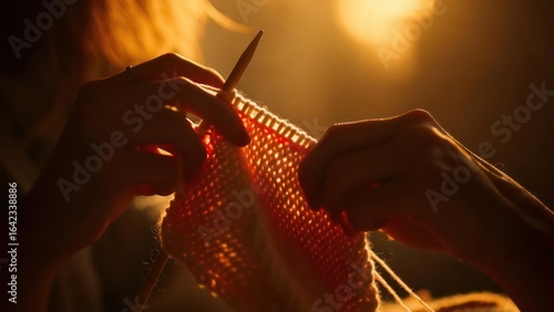 Luminous Stitches: Hands Knitting in a Warm, Golden Backlight