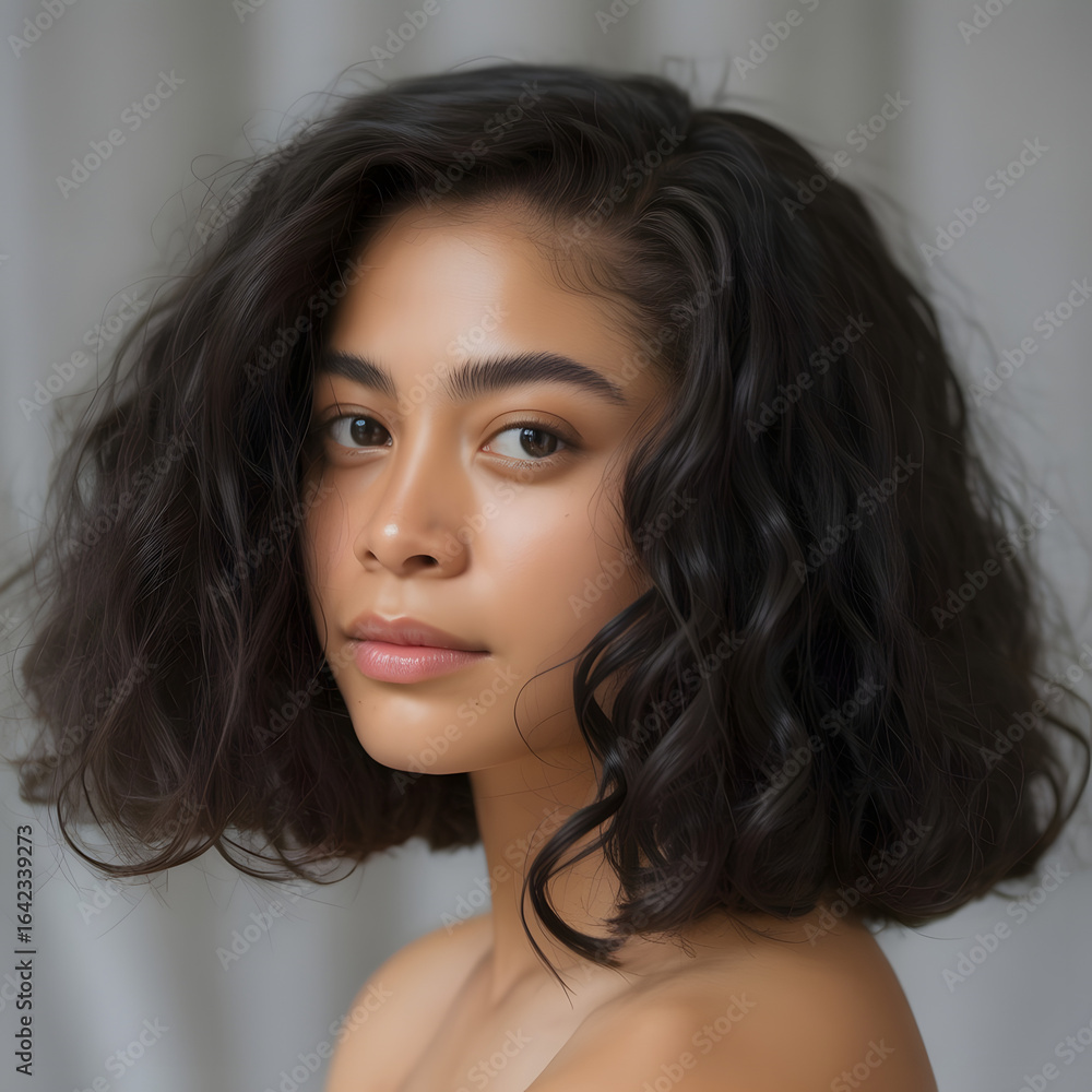 Naklejka premium Natural beauty portrait of a beautiful young woman with dark wavy hair and glowing skin. woman, beautiful, face, beauty, young, girl, hair, skin.