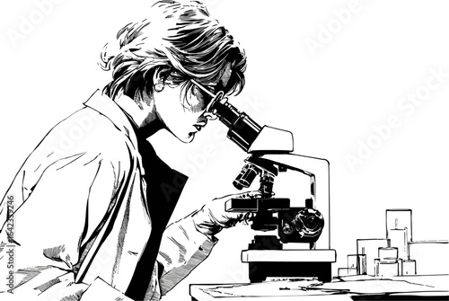 Art sketch of a woman scientist working with a microscope in a laboratory, hand drawn comic style black and white illustration