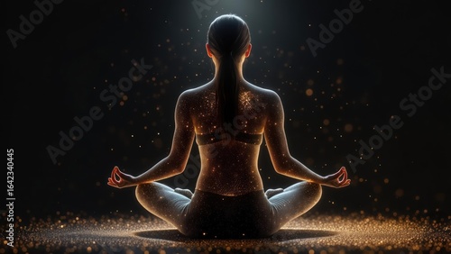 Luminous Woman in Lotus Pose, Radiating Golden Cosmic Energy