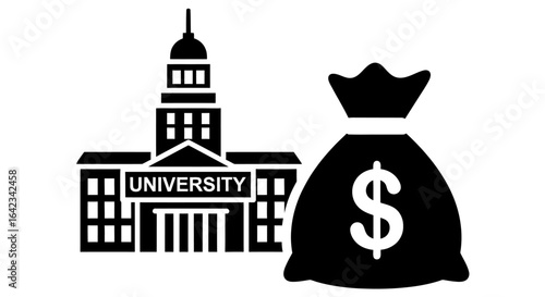 College tuition cost University building next to money bag