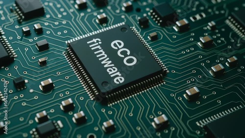 Eco firmware chip green circuit board highlights sustainable engineering technology and innovation modern electronic device design and development