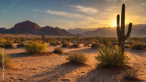 Sunset over the Desert Landscape with Cactus and Mountains