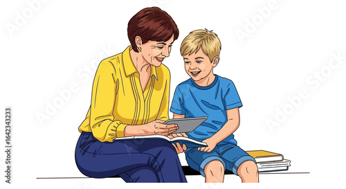 Reading together Child reading with adult learning with tablet and book