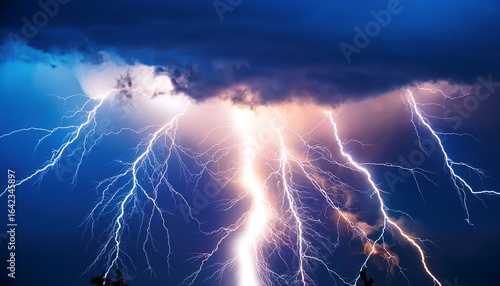 close up of a double lightning strike branching through clouds intense light and motion blur