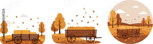 Hay wagons transporting bales through autumn landscape in flat vector style  