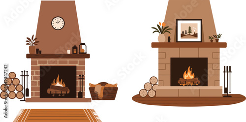 Cozy flat vector style fireplaces with logs and decor elements  