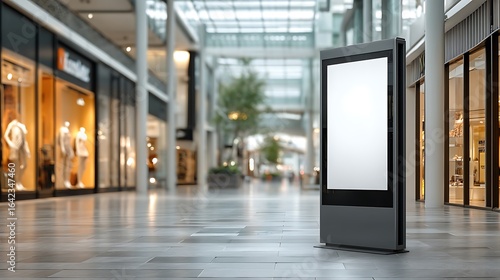 Modern digital display screen awaits your advertising message in a bustling, upscale shopping mall environment