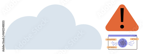 Large cloud, warning sign with exclamation mark, and interconnected technology diagram. Ideal for data security, cloud risk, system alert, technology solutions, network safety, computing issues