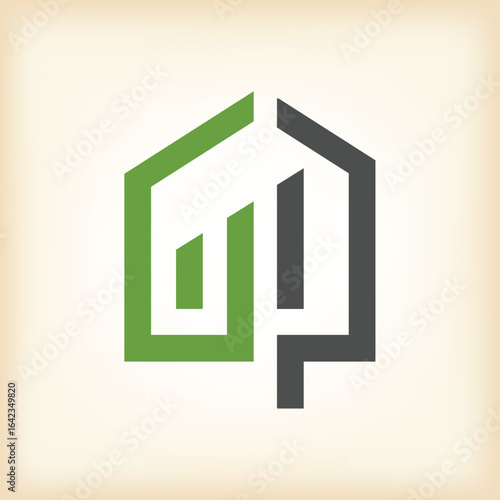 The image shows a flat logo design of a letter GP in house shape with a graph bar on the center. The logo looks clean in green and black color and can be used for real estate purposes.