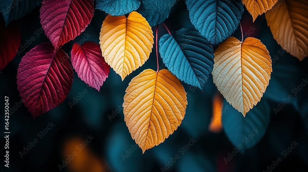Fototapeta premium Colorful leaves on branches create a vibrant natural display against a dark background.