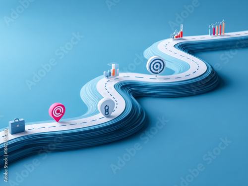 Business and career path concept with 3d rendering roadmap, target and location pin.
