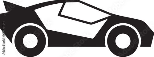 Sleek sports car icon in a minimalist black silhouette style. Modern automotive vector graphic of a fast coupe with a spoiler, isolated on a white background for design.