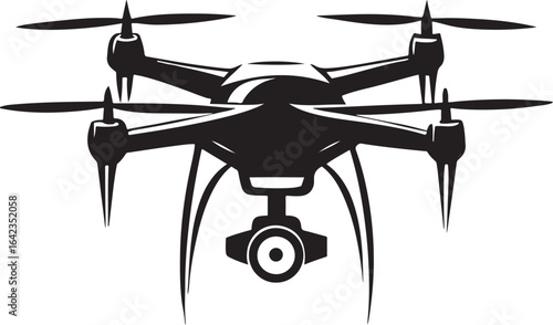 A modern unmanned aerial vehicle illustration. This sleek quadcopter drone with a camera symbolizes aerial photography, surveillance, and advanced robotics. A Dr.92 series vector icon.