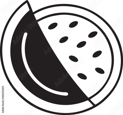 Simple watermelon slice icon in a bold black and white line art style. This minimalist vector graphic represents fresh fruit, healthy food, summer refreshment, and juicy produce.