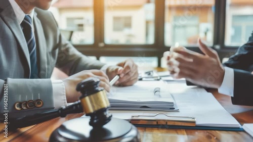 Two people in suits review paperwork with a gavel, likely attorneys, at a wooden table near a window in an office, indicating a legal process or negotiation is taking place.